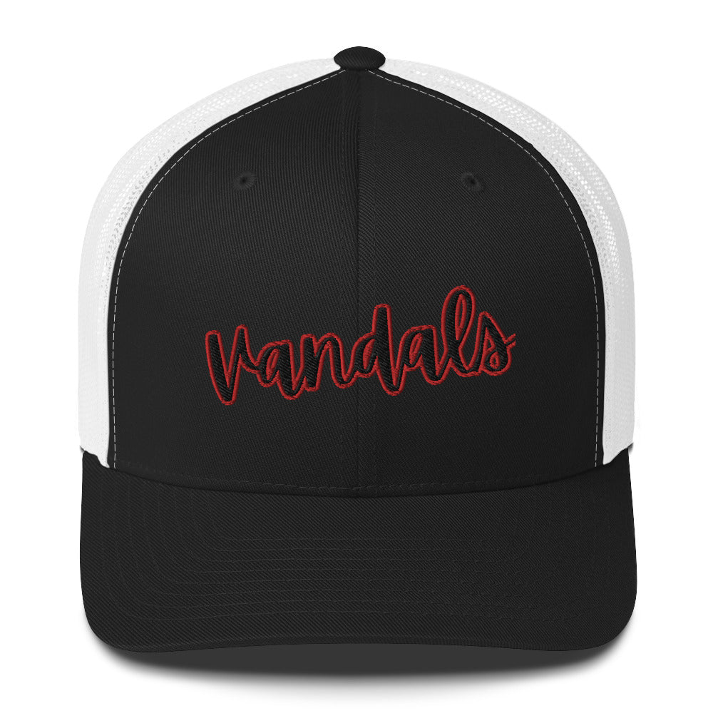 Black and Red Embroidery Vandals Trucker Cap